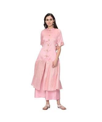 Women's Pink Foil Print Flared Polysilk Kurta Palazzo Set 1