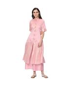 Women's Pink Foil Print Flared Polysilk Kurta Palazzo Set