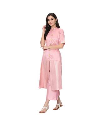 Women's Pink Foil Print Flared Polysilk Kurta Palazzo Set 2
