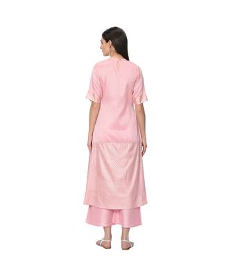 Women's Pink Foil Print Flared Polysilk Kurta Palazzo Set 3