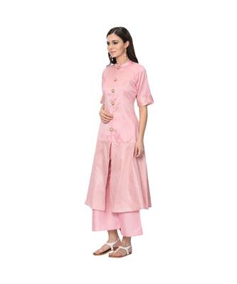 Women's Pink Foil Print Flared Polysilk Kurta Palazzo Set 4