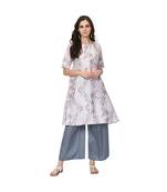 Women's Grey Digital Print Flared Polysilk Kurta