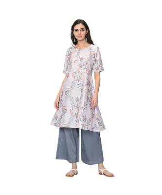 Women's Grey Digital Print Flared Polysilk Kurta 2