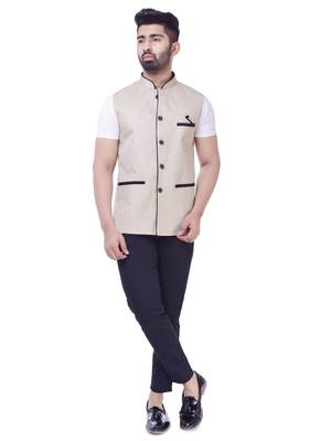 Beige Solid Jute Sleeveless Modi Jacket 1