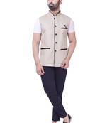 Beige Solid Jute Sleeveless Modi Jacket