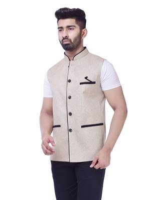 Beige Solid Jute Sleeveless Modi Jacket 3