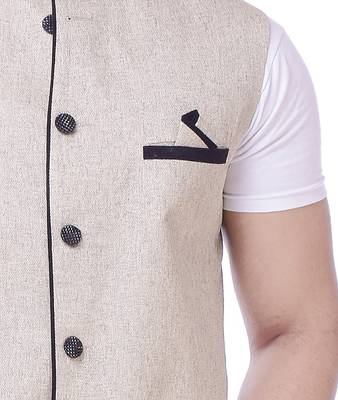 Beige Solid Jute Sleeveless Modi Jacket 4