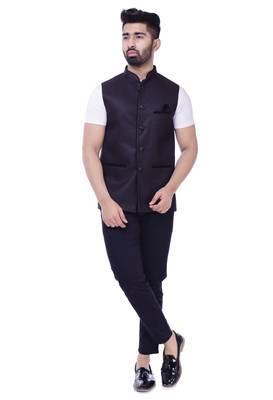 Black Solid Jute Sleeveless Modi Jacket 1