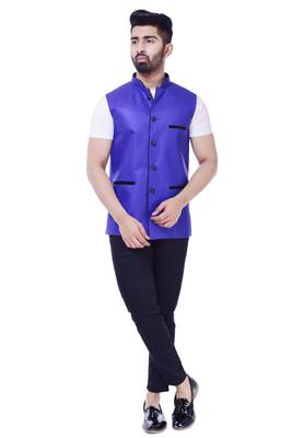 Blue Solid Jute Sleeveless Modi Jacket 1