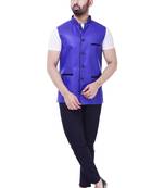 Blue Solid Jute Sleeveless Modi Jacket