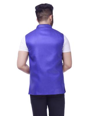Blue Solid Jute Sleeveless Modi Jacket 2