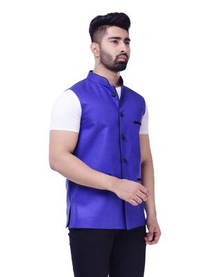 Blue Solid Jute Sleeveless Modi Jacket 3