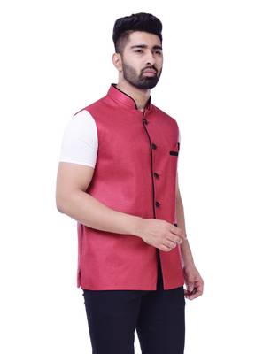 Red Solid Jute Sleeveless Modi Jacket 1
