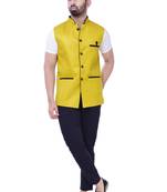 Yellow Solid Jute Sleeveless Modi Jacket