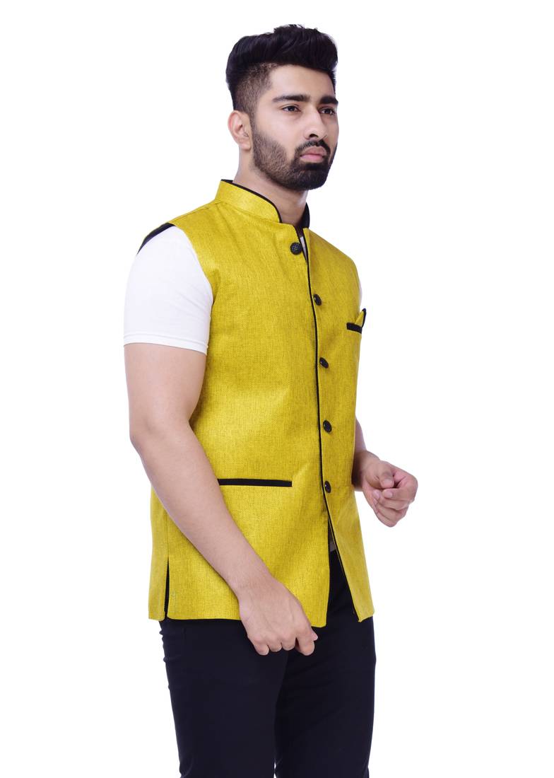 Yellow Solid Jute Sleeveless Modi Jacket Qalamkari 2999488
