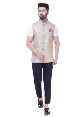Beige Solid Checks Jute Sleeveless Modi Jacket 1