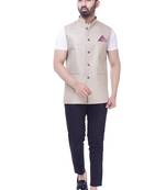 Beige Solid Checks Jute Sleeveless Modi Jacket