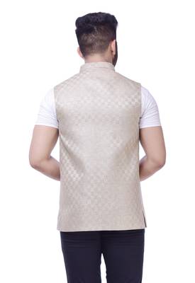 Beige Solid Checks Jute Sleeveless Modi Jacket 2