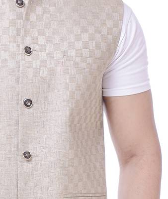 Beige Solid Checks Jute Sleeveless Modi Jacket 3