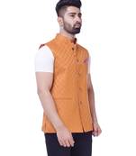 Orange Solid Checks Jute Sleeveless Modi Jacket