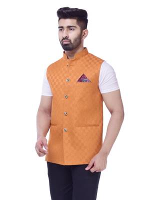 Orange Solid Checks Jute Sleeveless Modi Jacket 2