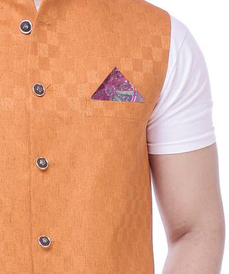 Orange Solid Checks Jute Sleeveless Modi Jacket 3