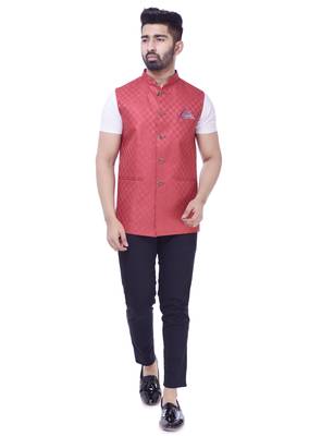 Red Solid Checks Jute Sleeveless Modi Jacket 1