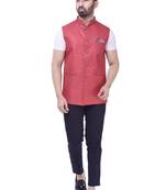 Red Solid Checks Jute Sleeveless Modi Jacket