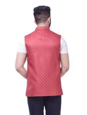 Red Solid Checks Jute Sleeveless Modi Jacket 2