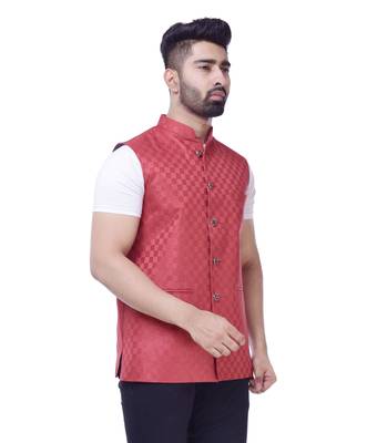 Red Solid Checks Jute Sleeveless Modi Jacket 3