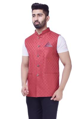 Red Solid Checks Jute Sleeveless Modi Jacket 4