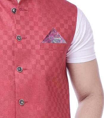 Red Solid Checks Jute Sleeveless Modi Jacket 5