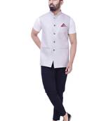 White Solid Checks Jute Sleeveless Modi Jacket