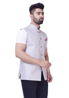 White Solid Checks Jute Sleeveless Modi Jacket 3