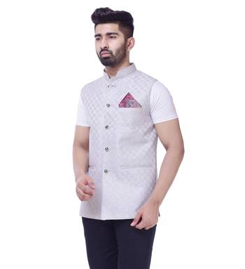 White Solid Checks Jute Sleeveless Modi Jacket 4