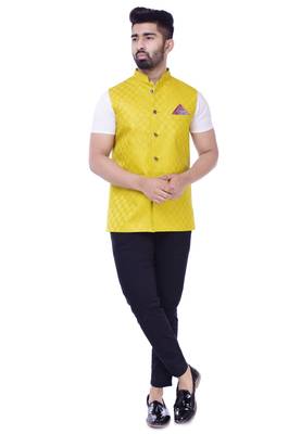 Yellow Solid Checks Jute Sleeveless Modi Jacket 1