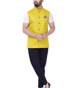 Yellow Solid Checks Jute Sleeveless Modi Jacket