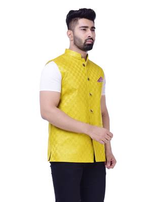 Yellow Solid Checks Jute Sleeveless Modi Jacket 2