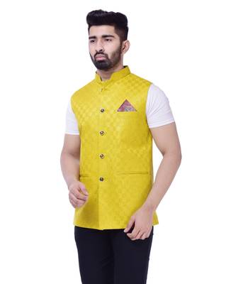 Yellow Solid Checks Jute Sleeveless Modi Jacket 3