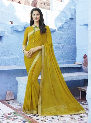Mustard Embroidered Chiffon Saree With Blouse 1