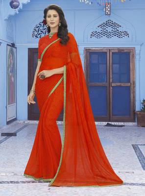 Red embroidered chiffon saree with blouse 1