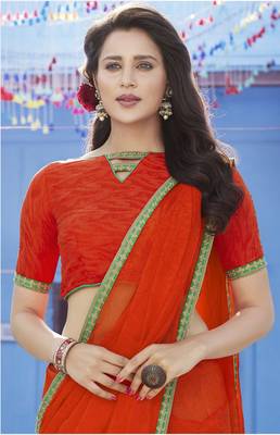 Red embroidered chiffon saree with blouse 2
