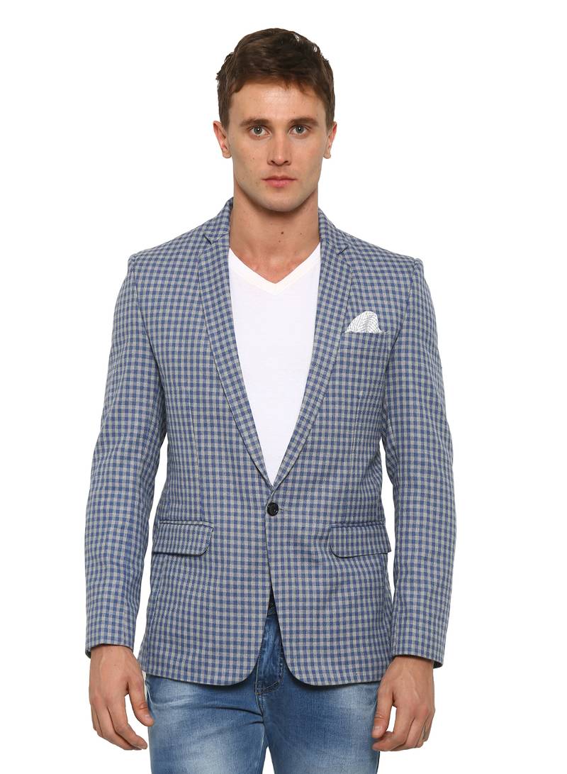 Blue Checkered Single Breasted Casual Men Blazer