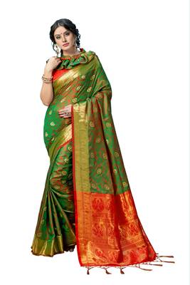 Green woven faux banarasi silk saree with blouse 1