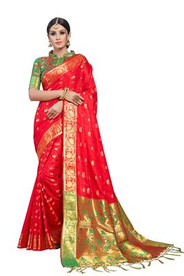 Red woven faux banarasi silk saree with blouse 1