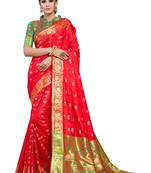 Red woven faux banarasi silk saree with blouse