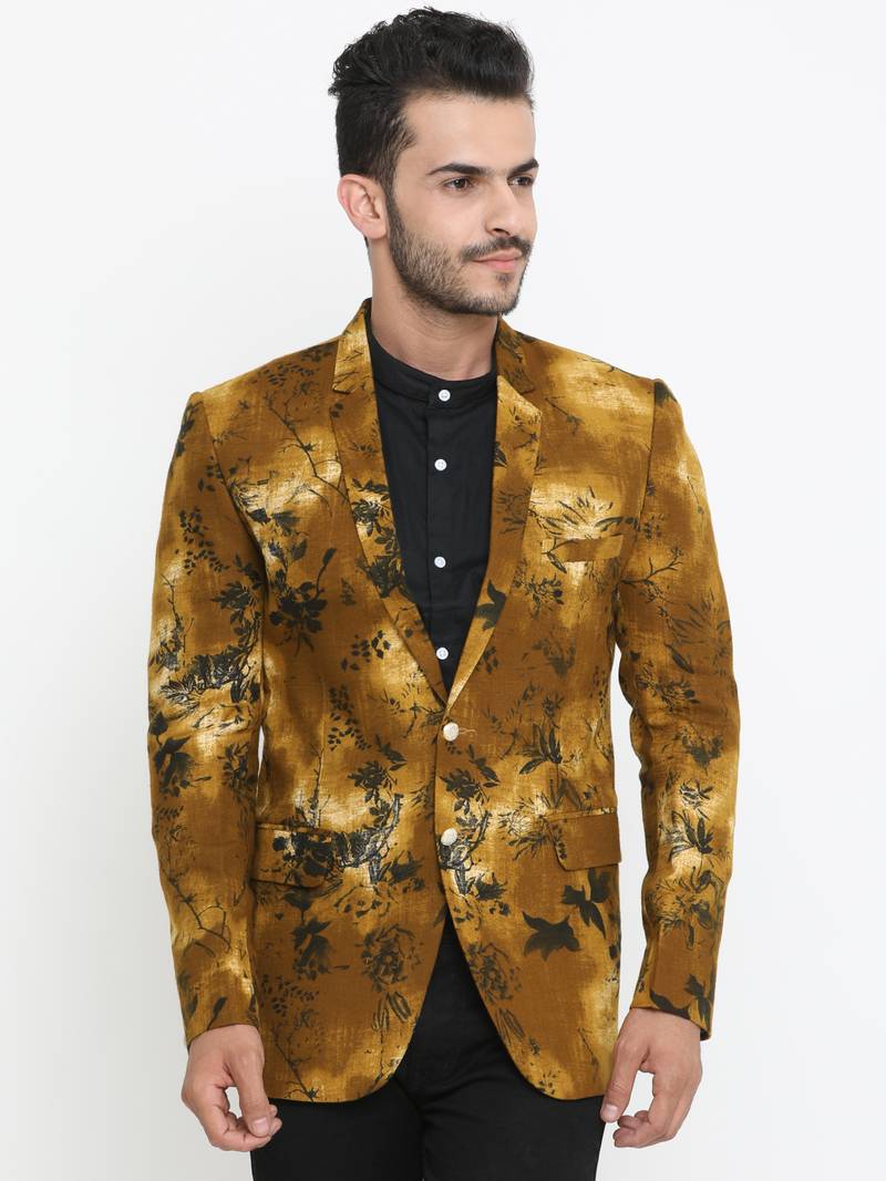 Men's Yellow Printed Single-Breasted Blazer