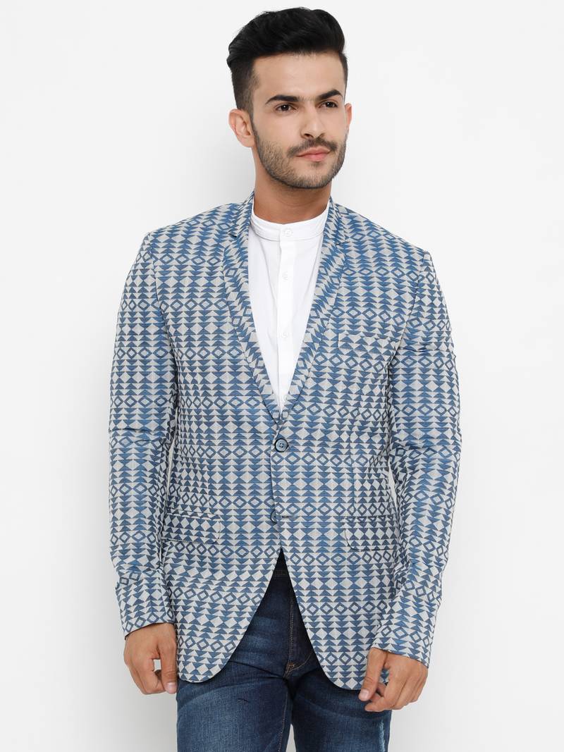 Men's Printed Navy Blue Single Breasted Blazer