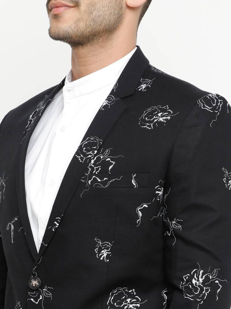 Black Printed Single Breasted Casual Men Blazer