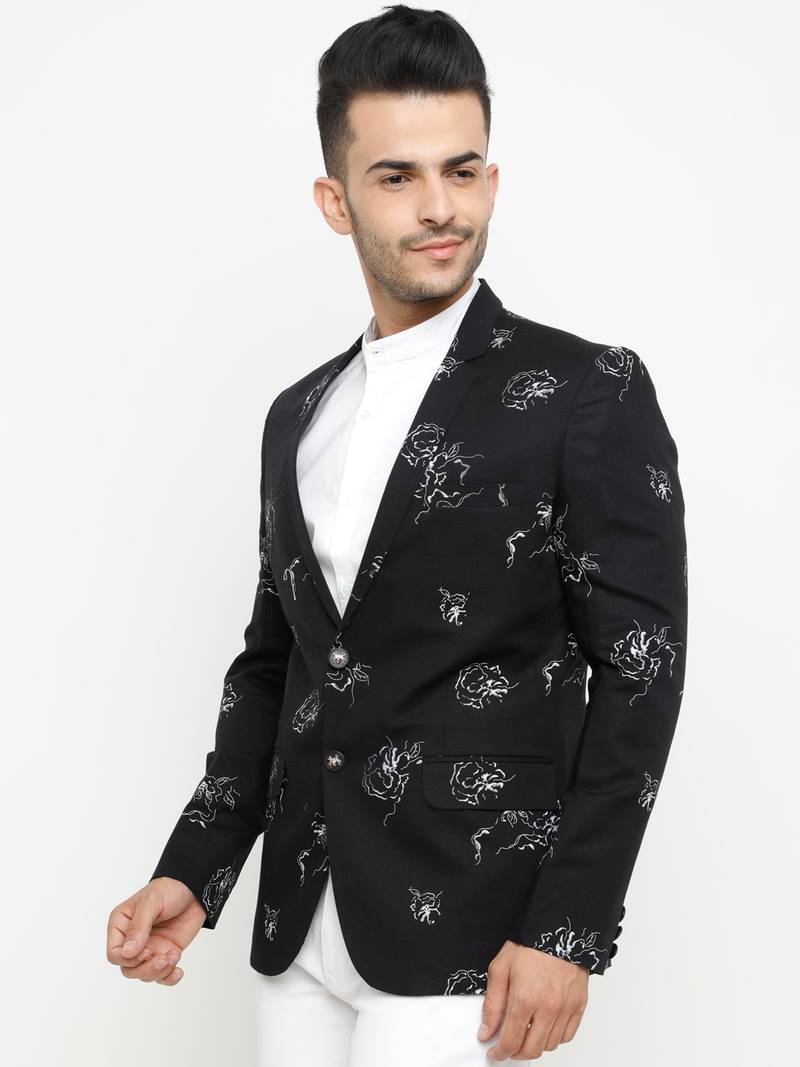 Black Printed Single Breasted Casual Men Blazer